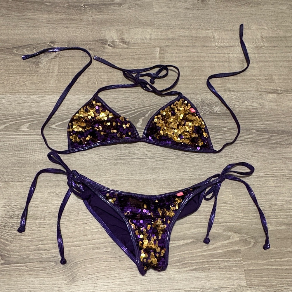 Doll scrunch butt sequin bikini - purple gold mermaid
